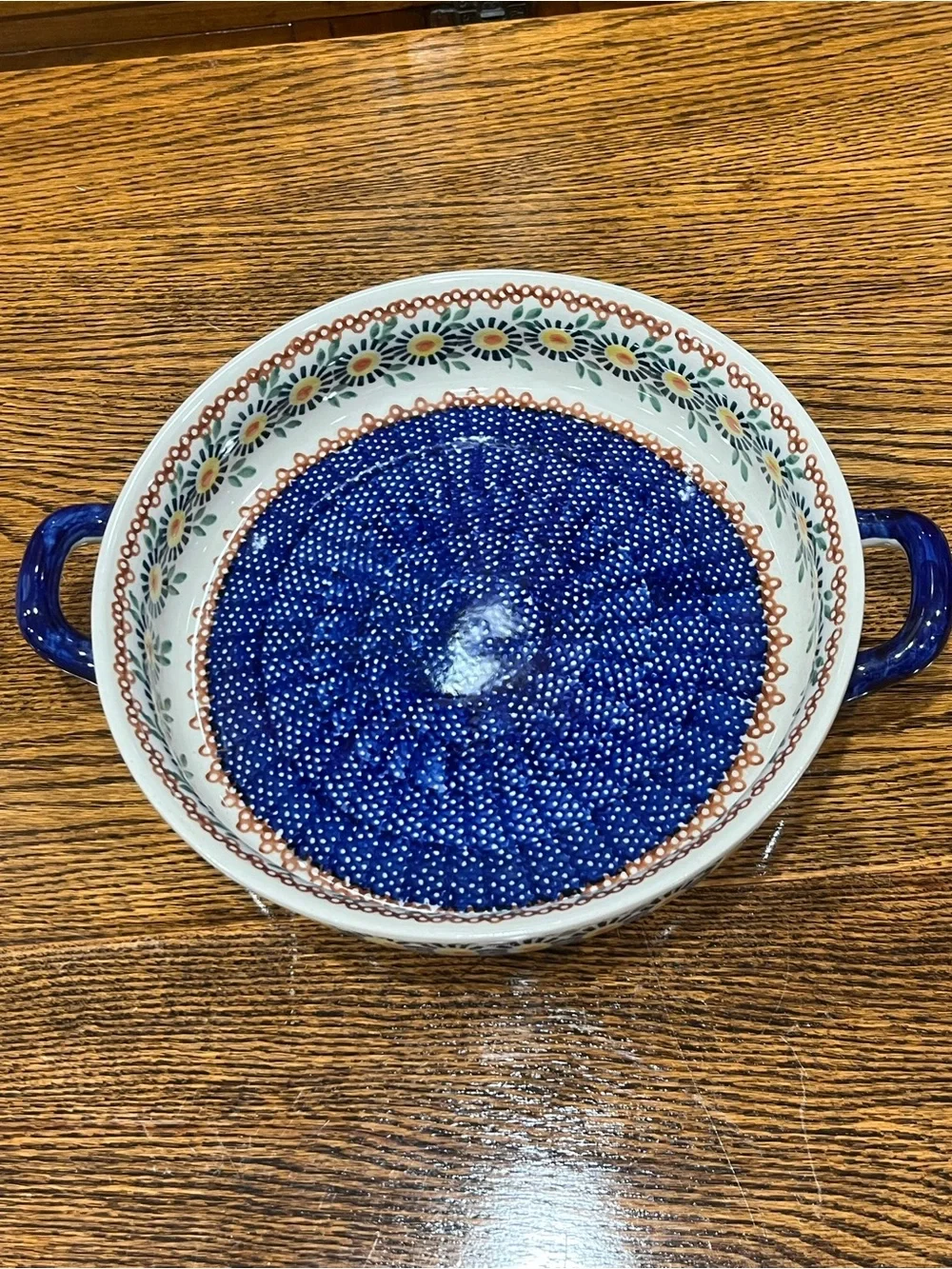 Vintage Polish Pottery Handled Baking Dish / Pie Plate – Floral Blue & White